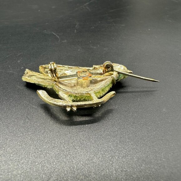 Vintage Bird Brooch Pin Flocked Green Gold Tone Mid Century Jewelry Kitschy - Picture 3 of 9